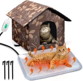 2 Pcs Heated Cat House Outdoor Weatherproof Enclosures with Heating Pad Foldable Shelter Indoor Pet Cave with Tent Stakes for Cat Winter Outside