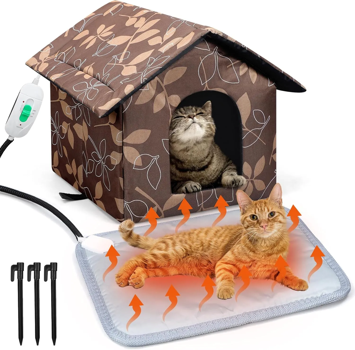 2 Pcs Heated Cat House Outdoor Weatherproof Enclosures with Heating Pad Foldable Shelter Indoor Pet Cave with Tent Stakes for Cat Winter Outside