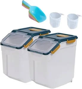 2Pcs Large Flour Storage Container Bin 25Lb Airtight Rice Storage Containers with Wheels Seal Locking Lid, BPA Free with Measuring Cup&Scoop for Flour, Rice, Grain(Blue)