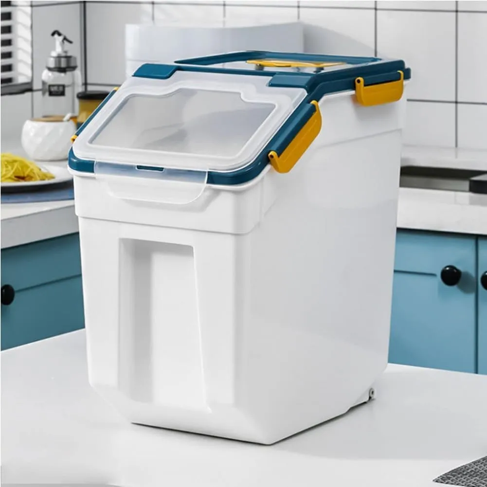 2Pcs Large Flour Storage Container Bin 25Lb Airtight Rice Storage Containers with Wheels Seal Locking Lid, BPA Free with Measuring Cup&Scoop for Flour, Rice, Grain(Blue)