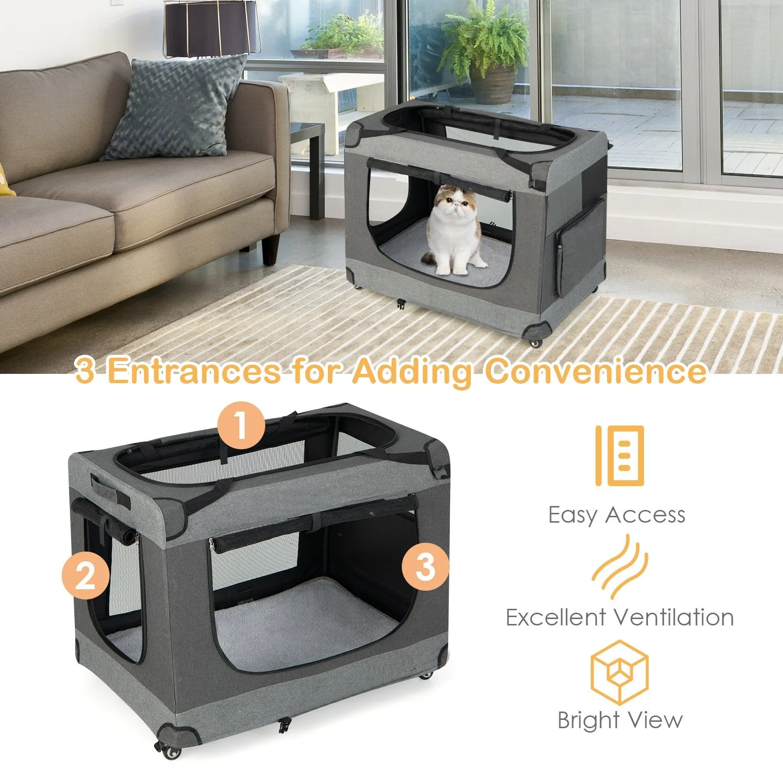 3-Door Folding Cat Carrier with Wheels and Removable Mat