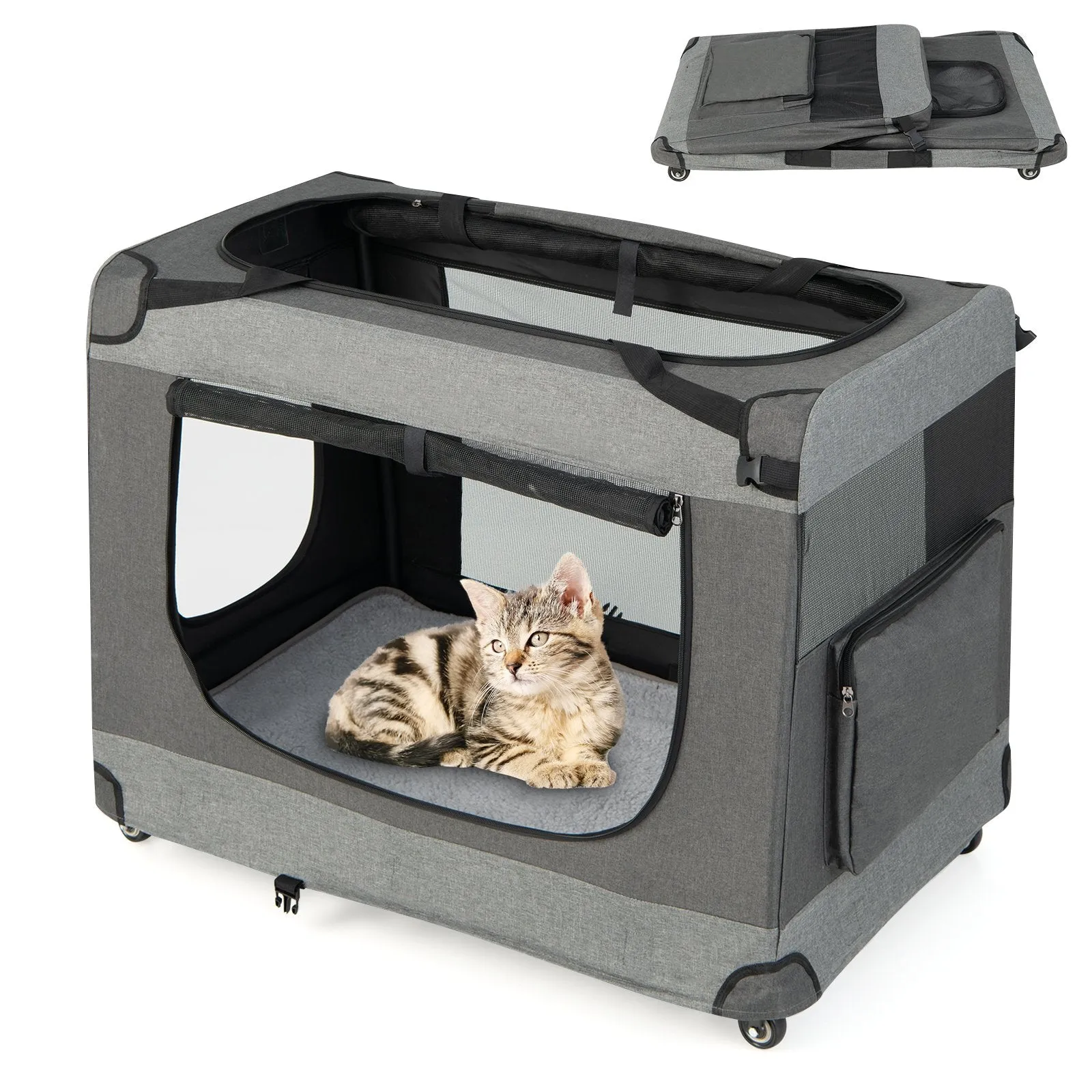3-Door Folding Cat Carrier with Wheels and Removable Mat