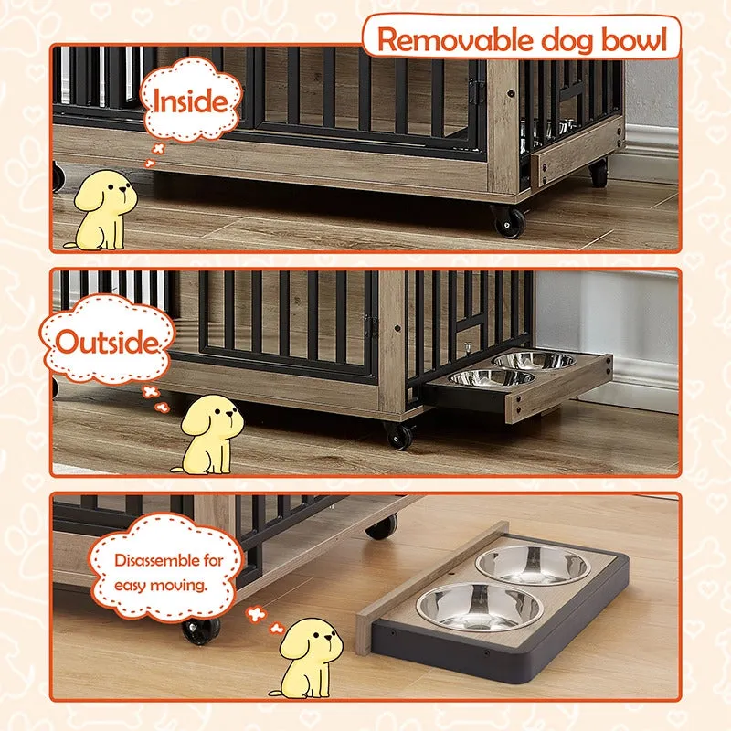 43.7" Indoor Grey Dog Crate Side Table With Feeding Bowl, Wheels, Three Doors, Flip-Up Top Opening