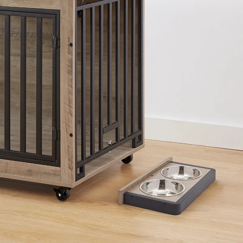 43.7" Indoor Grey Dog Crate Side Table With Feeding Bowl, Wheels, Three Doors, Flip-Up Top Opening