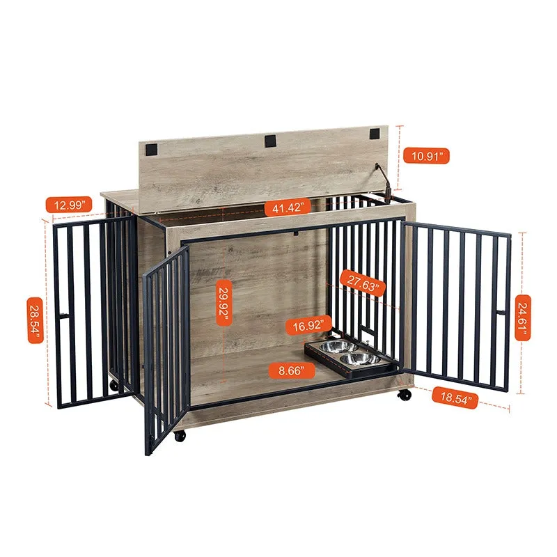 43.7" Indoor Grey Dog Crate Side Table With Feeding Bowl, Wheels, Three Doors, Flip-Up Top Opening