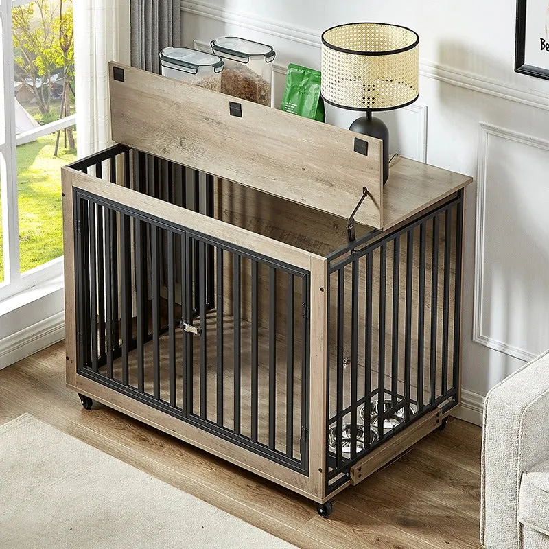 43.7" Indoor Grey Dog Crate Side Table With Feeding Bowl, Wheels, Three Doors, Flip-Up Top Opening