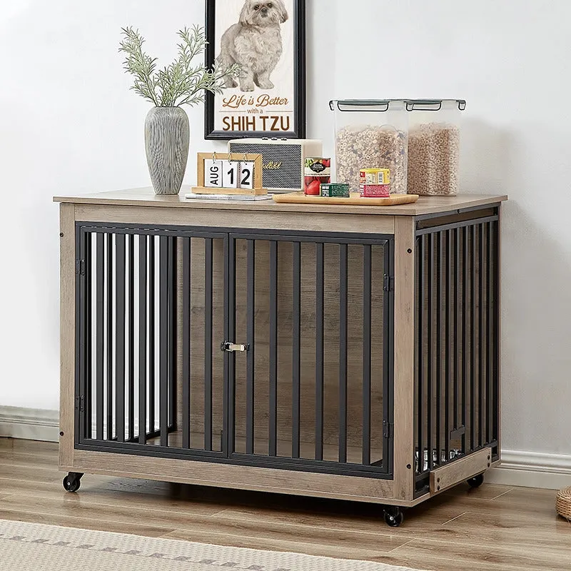 43.7" Indoor Grey Dog Crate Side Table With Feeding Bowl, Wheels, Three Doors, Flip-Up Top Opening