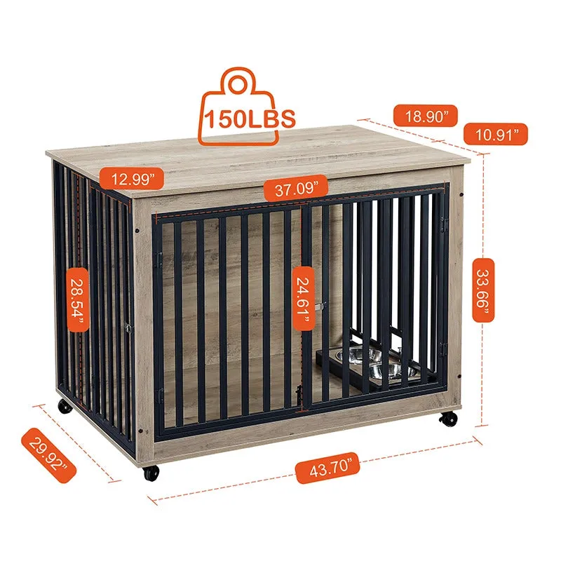 43.7" Indoor Grey Dog Crate Side Table With Feeding Bowl, Wheels, Three Doors, Flip-Up Top Opening