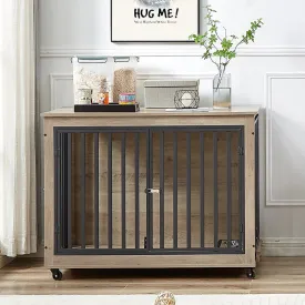 43.7" Indoor Grey Dog Crate Side Table With Feeding Bowl, Wheels, Three Doors, Flip-Up Top Opening