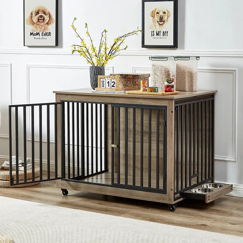 43.7" Indoor Grey Dog Crate Side Table With Feeding Bowl, Wheels, Three Doors, Flip-Up Top Opening