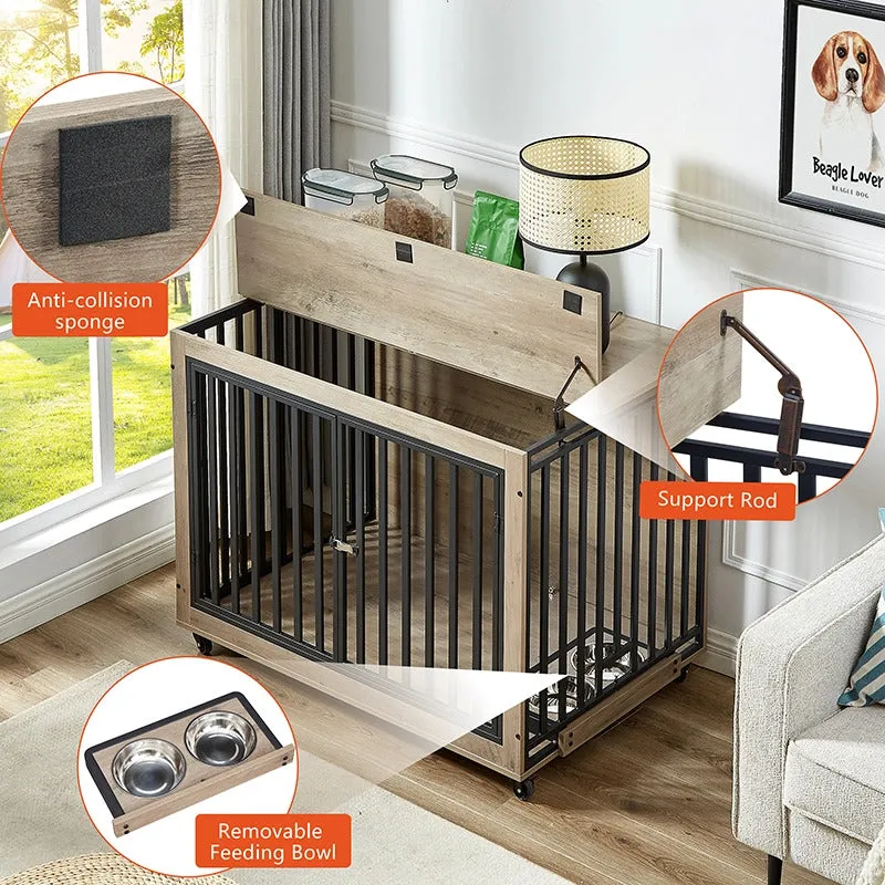 43.7" Indoor Grey Dog Crate Side Table With Feeding Bowl, Wheels, Three Doors, Flip-Up Top Opening