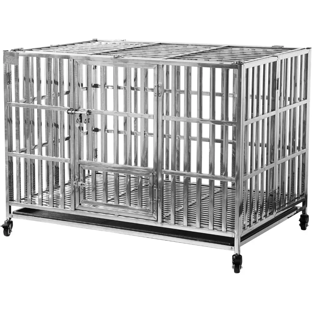 48" Stackable Heavy Duty Dog Crate Pet Stainless Steel Kennel Cage for Large Dogs with Tray in-Door Foldable