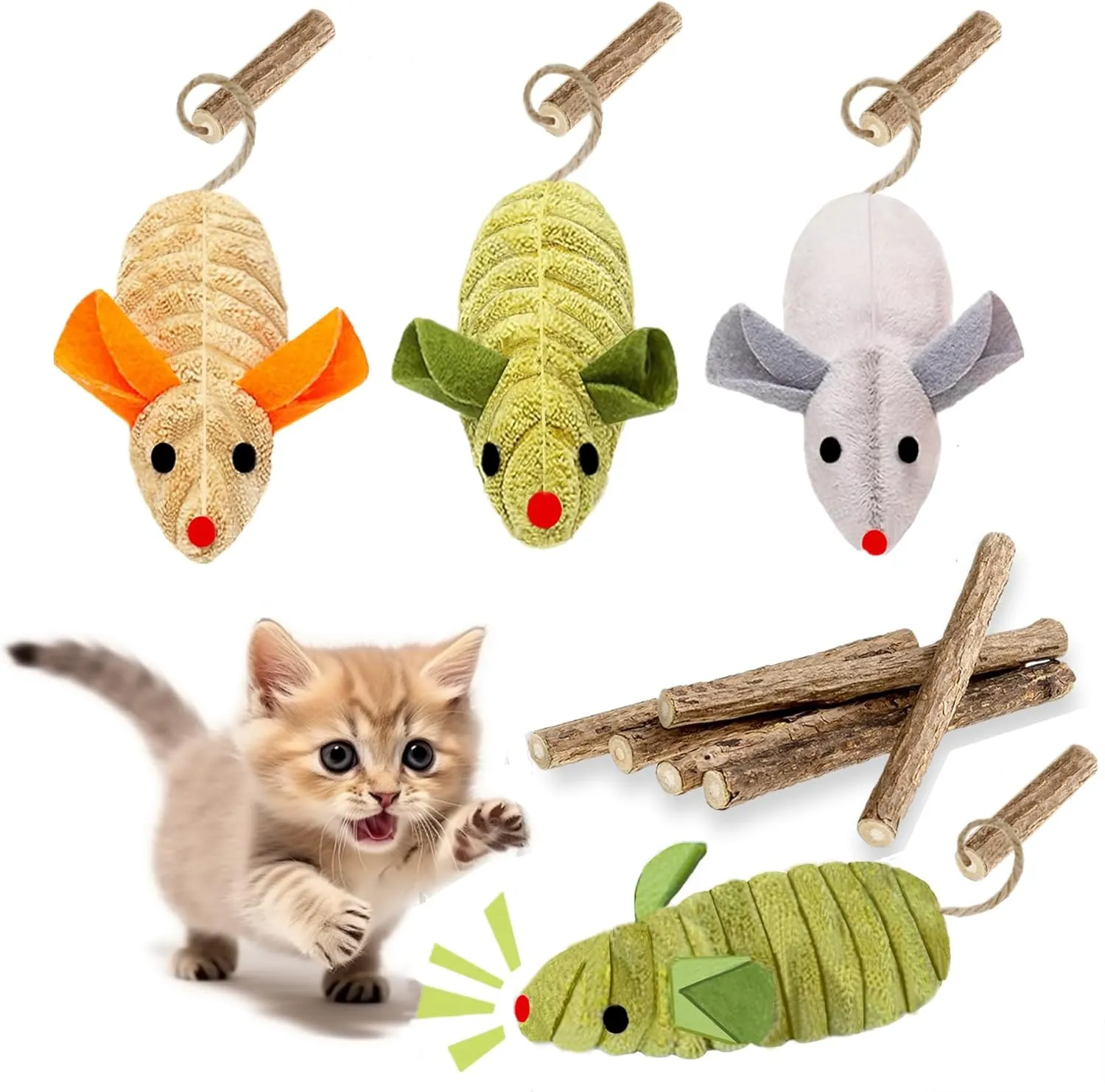 9Pcs Cat Toys, 3X Squeak Mice Catnip Toys for Indoor Cat   6X Silvervine Chew Stick Dental Chirping Mouse Plush Kitten Stuffed Toy Cleaning Teeth Matatabi Bite Interactive Cat Gifts Kitty Toy
