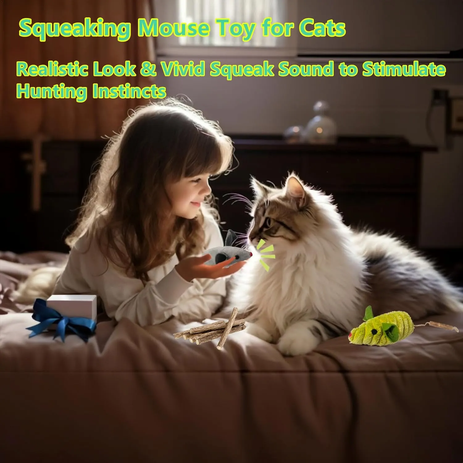 9Pcs Cat Toys, 3X Squeak Mice Catnip Toys for Indoor Cat   6X Silvervine Chew Stick Dental Chirping Mouse Plush Kitten Stuffed Toy Cleaning Teeth Matatabi Bite Interactive Cat Gifts Kitty Toy