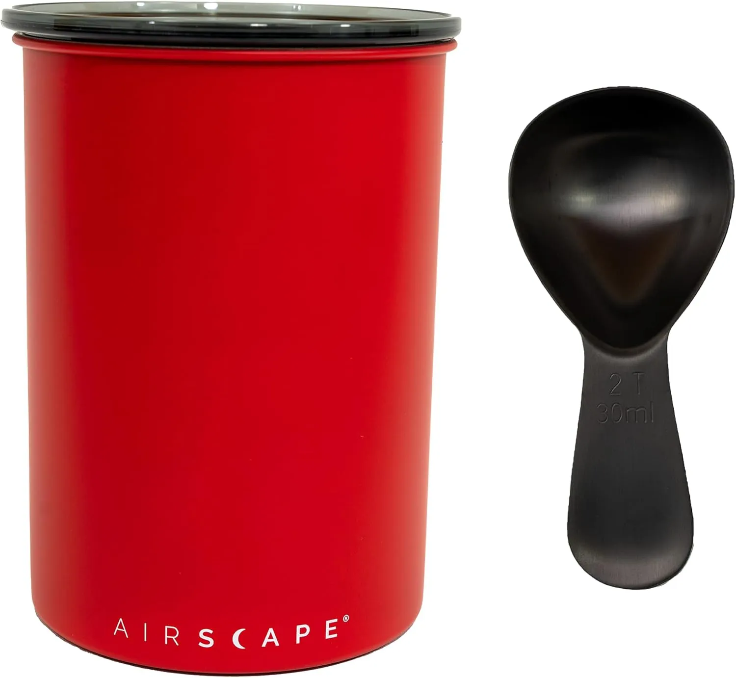 Airscape Stainless Steel Coffee Canister & Scoop Bundle - Food Storage Container - US Patented Airtight Lid Pushes Out Excess Air - Preserve Food Freshness (Medium, Matte Red & Brushed Black Scoop)