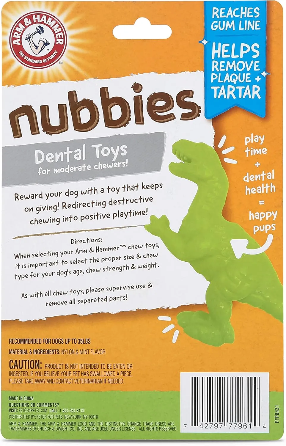 Arm & Hammer for Pets Nubbies Dental Toys T-Rex Dental Chew Toy for Dogs Best Dog Chew Toy for Moderate Chewers Reduces Plaque & Tartar Buildup Without Brushing, Mint Flavor (Pack of 24)