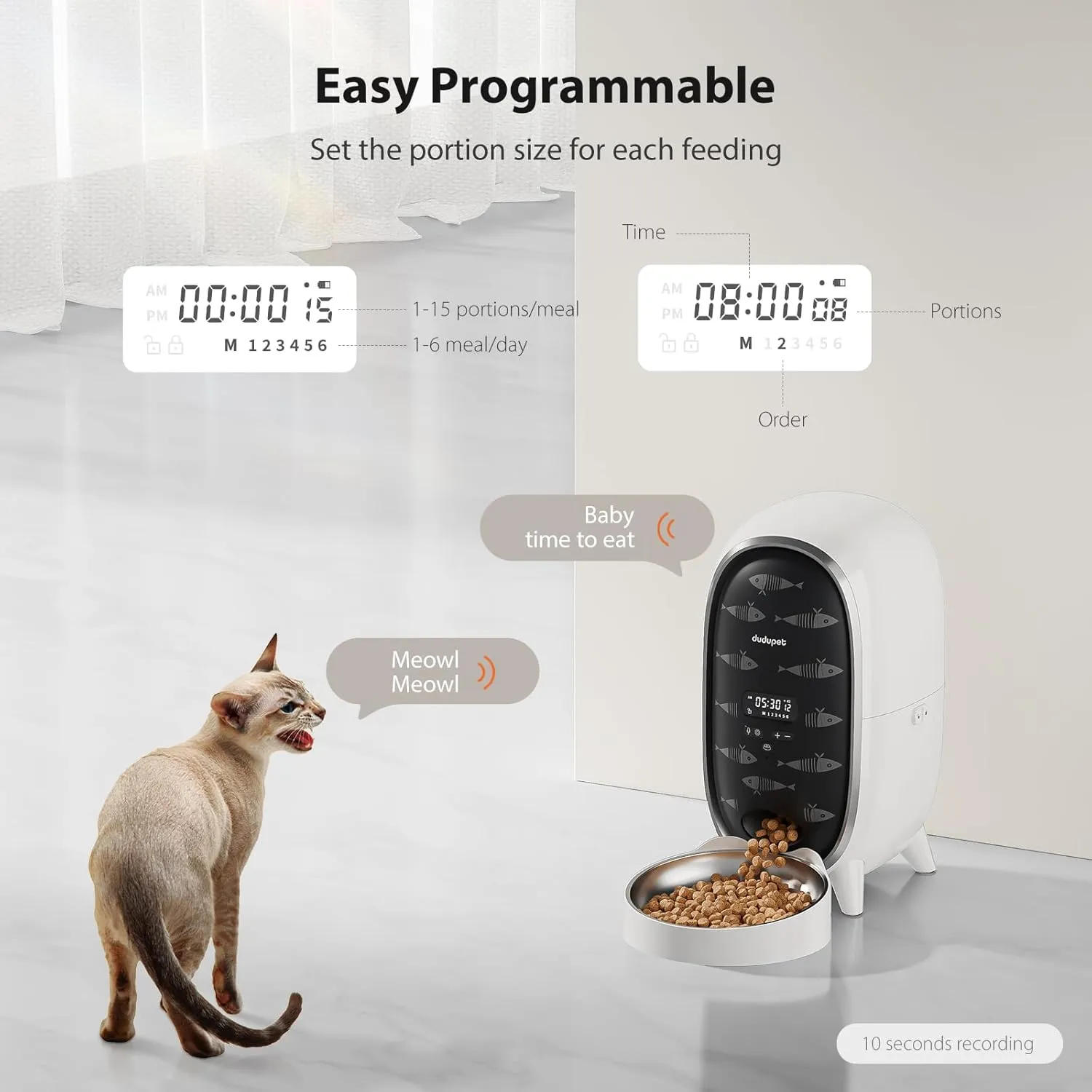 Automatic Cat Feeders, 3L Timed Cat Dry Food Dispenser, Auto Dog Feeder with 10s Voice Recorder, Automatic Pet Feeder Dual Power Supply, Pet Food Dispenser for Cats and Small Dogs