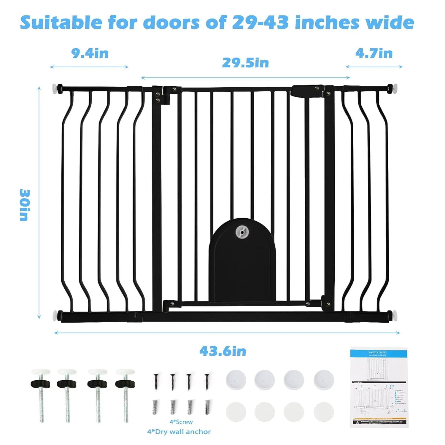Baby Gate for Stairs with Cat Door - Baby Gate with Pet Door Auto Close 29.5"-48.5" Metal Dog Gate with Cat Door for Doorway/Stairs/House/Walk Through with Includes 2 Extension Pieces and 4 Wall Cups