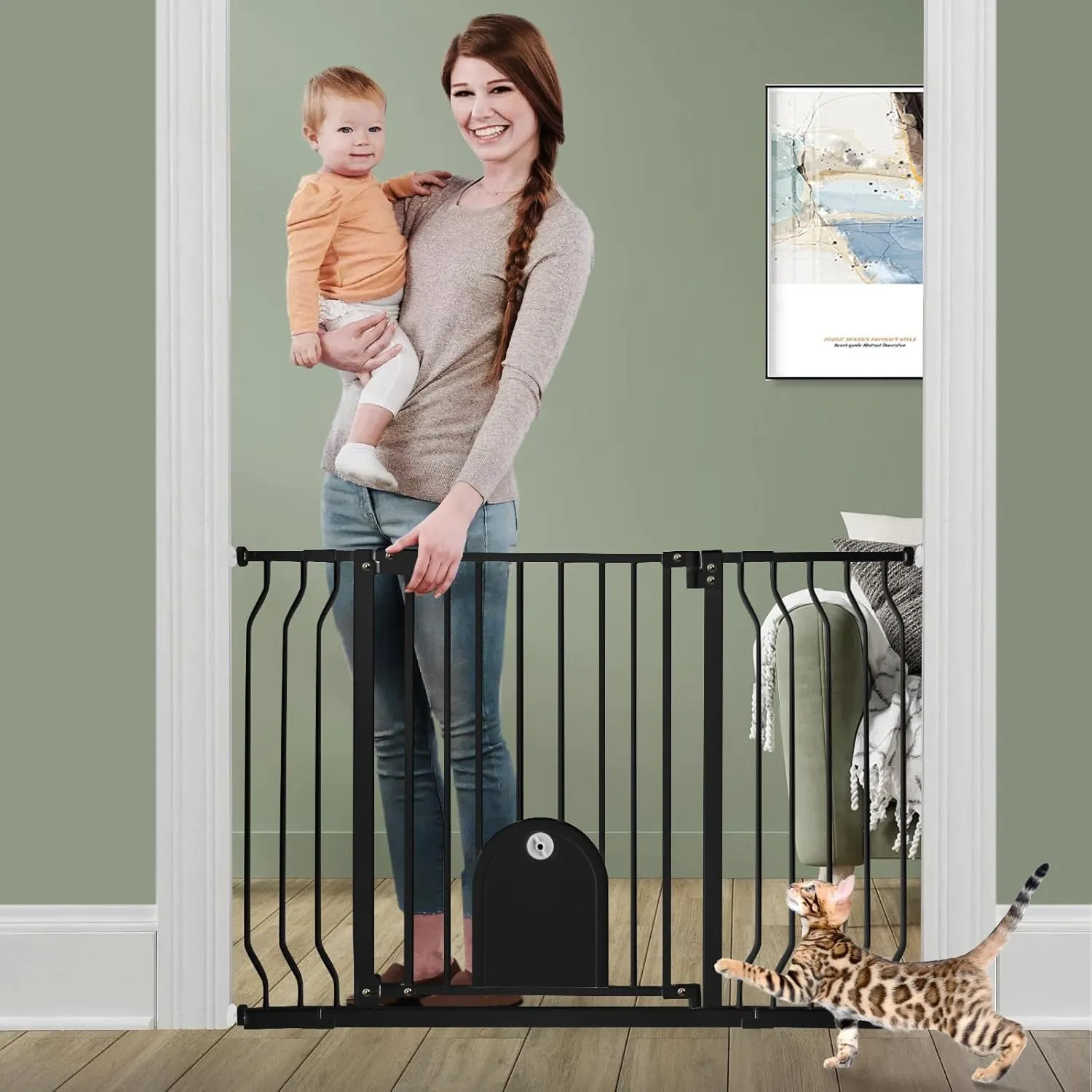 Baby Gate for Stairs with Cat Door - Baby Gate with Pet Door Auto Close 29.5"-48.5" Metal Dog Gate with Cat Door for Doorway/Stairs/House/Walk Through with Includes 2 Extension Pieces and 4 Wall Cups
