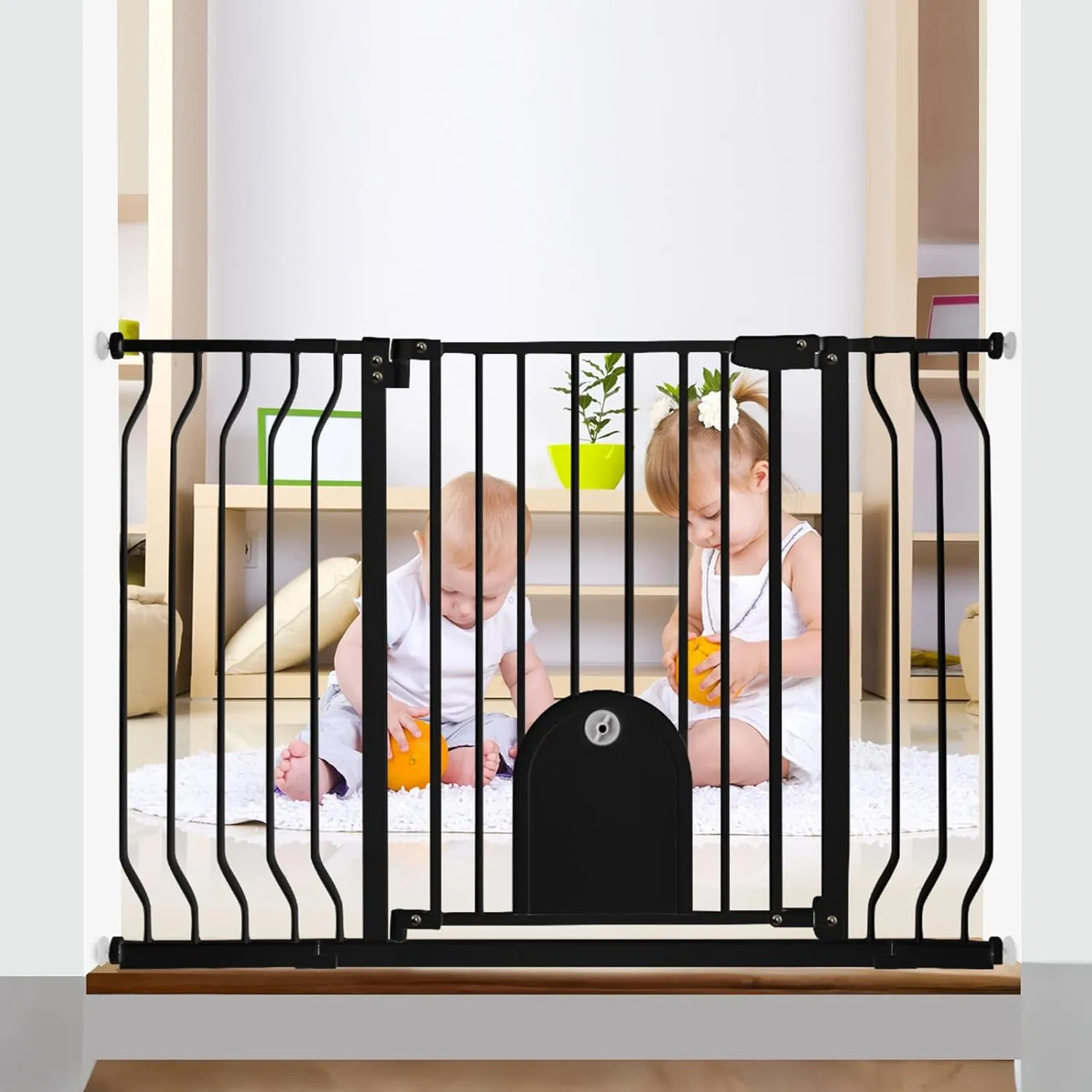 Baby Gate for Stairs with Cat Door - Baby Gate with Pet Door Auto Close 29.5"-48.5" Metal Dog Gate with Cat Door for Doorway/Stairs/House/Walk Through with Includes 2 Extension Pieces and 4 Wall Cups