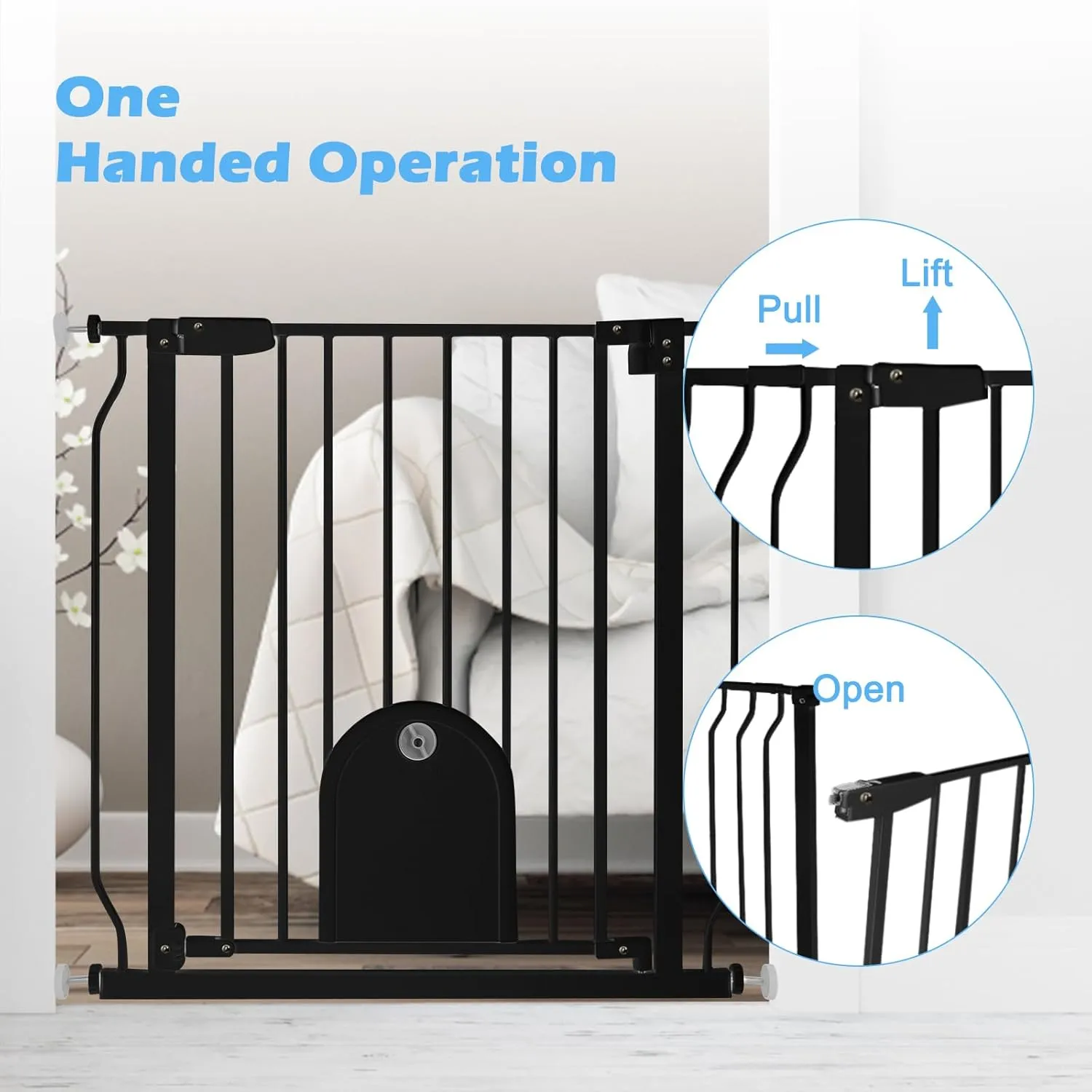 Baby Gate for Stairs with Cat Door - Baby Gate with Pet Door Auto Close 29.5"-48.5" Metal Dog Gate with Cat Door for Doorway/Stairs/House/Walk Through with Includes 2 Extension Pieces and 4 Wall Cups