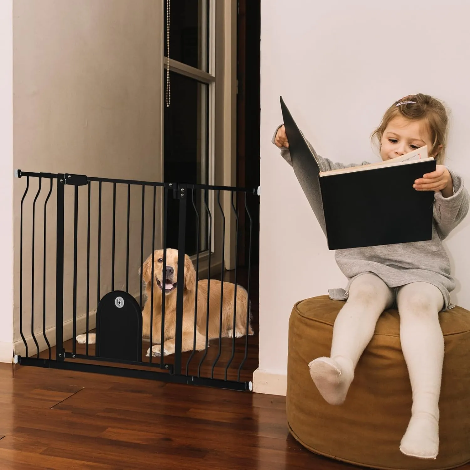 Baby Gate for Stairs with Cat Door - Baby Gate with Pet Door Auto Close 29.5"-48.5" Metal Dog Gate with Cat Door for Doorway/Stairs/House/Walk Through with Includes 2 Extension Pieces and 4 Wall Cups