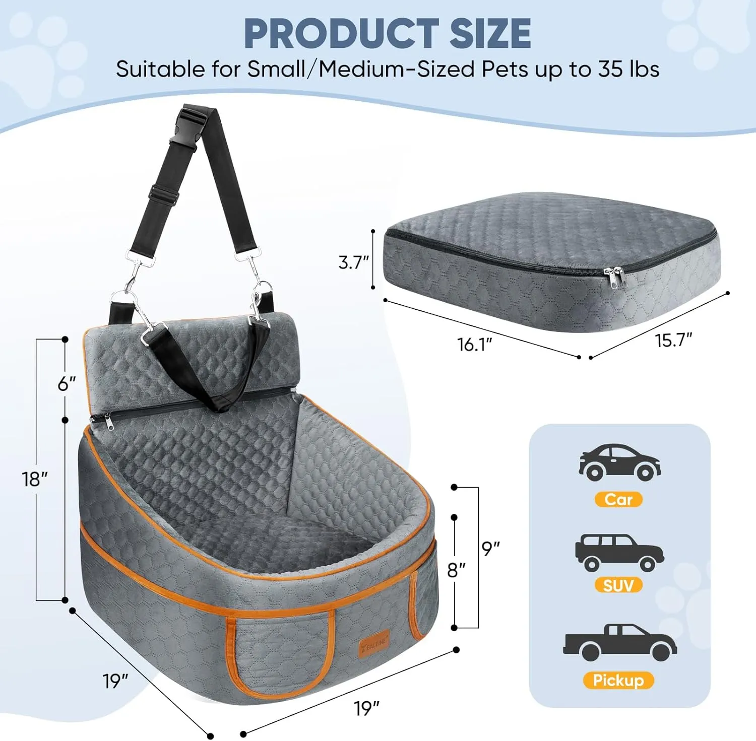 BALEINE Dog Car Seat for Small and Medium Dogs, Detachable Washable Pet Car Seat with Waterproof Bottom and 4 Storage Pockets, for Dogs Under 35 lbs (Gray)