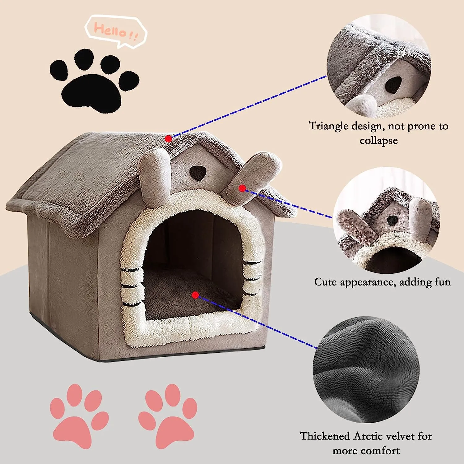 Cat Bed and Small Dog Bed, Self-Warming Cat Tent Cave, Triangle Cat House Hut with Washable Cushion