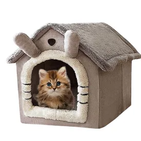Cat Bed and Small Dog Bed, Self-Warming Cat Tent Cave, Triangle Cat House Hut with Washable Cushion