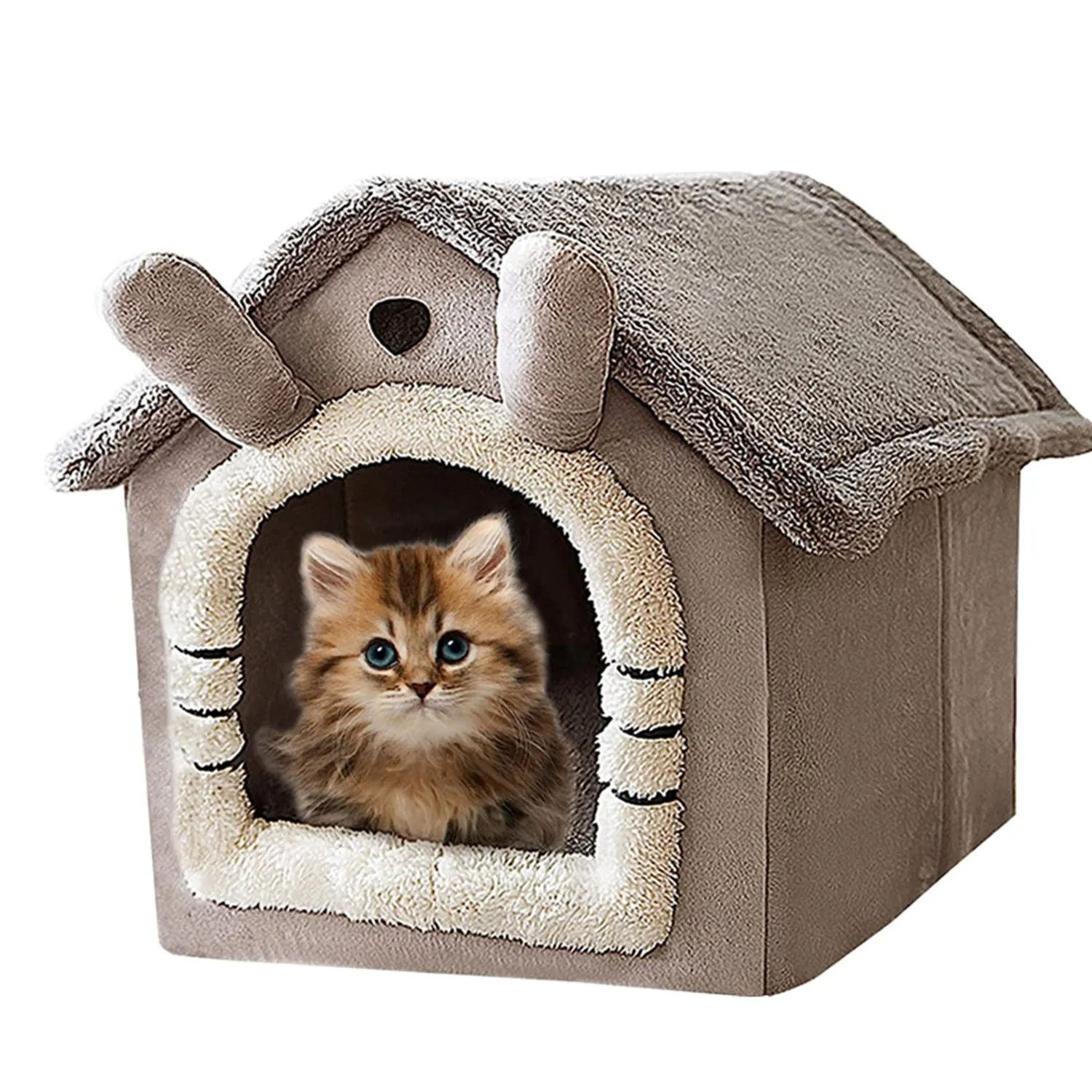 Cat Bed and Small Dog Bed, Self-Warming Cat Tent Cave, Triangle Cat House Hut with Washable Cushion