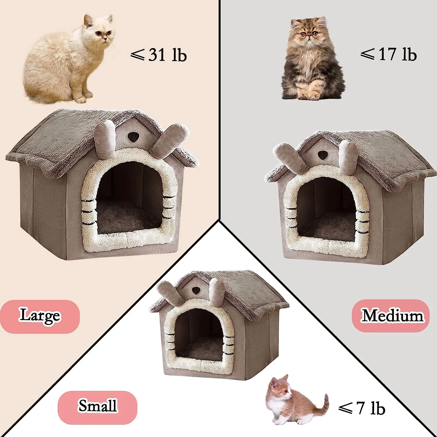 Cat Bed and Small Dog Bed, Self-Warming Cat Tent Cave, Triangle Cat House Hut with Washable Cushion