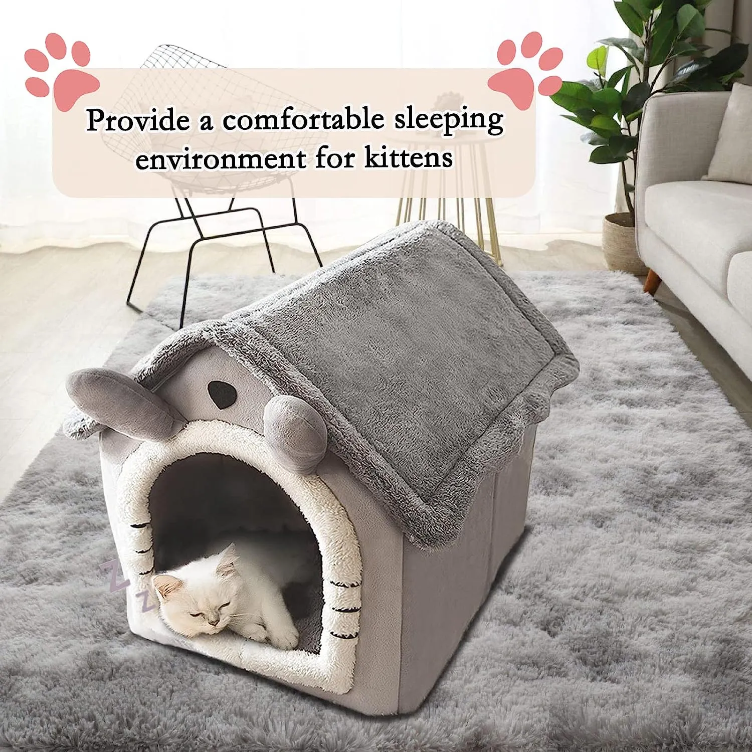 Cat Bed and Small Dog Bed, Self-Warming Cat Tent Cave, Triangle Cat House Hut with Washable Cushion
