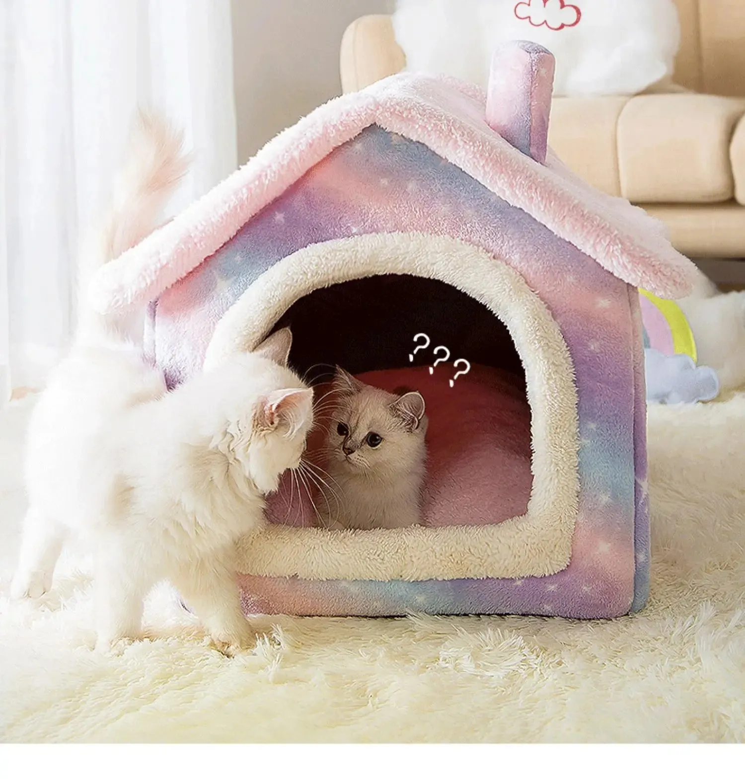Cat Bed Sleep House Warm Cave Dog Kennel & Removable Cushion Pad Soft Indoor Enclosed Tent Huts Sofa for Pet Cats Kittens Puppy