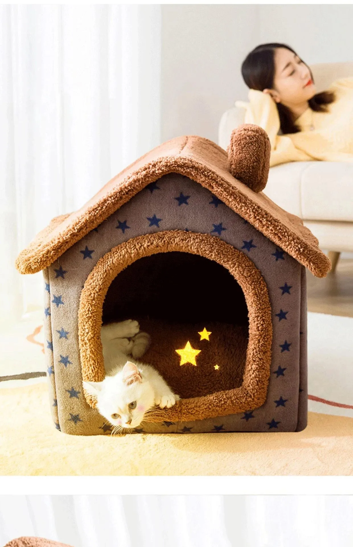 Cat Bed Sleep House Warm Cave Dog Kennel & Removable Cushion Pad Soft Indoor Enclosed Tent Huts Sofa for Pet Cats Kittens Puppy