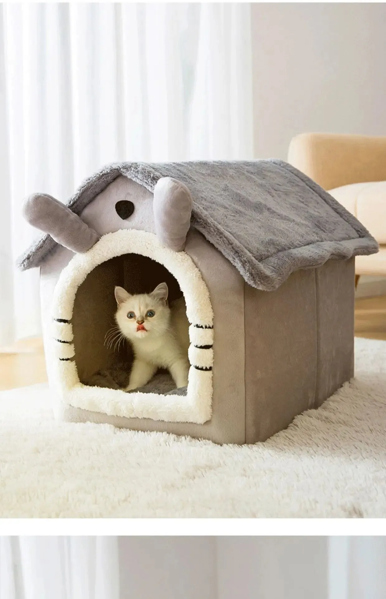 Cat Bed Sleep House Warm Cave Dog Kennel & Removable Cushion Pad Soft Indoor Enclosed Tent Huts Sofa for Pet Cats Kittens Puppy