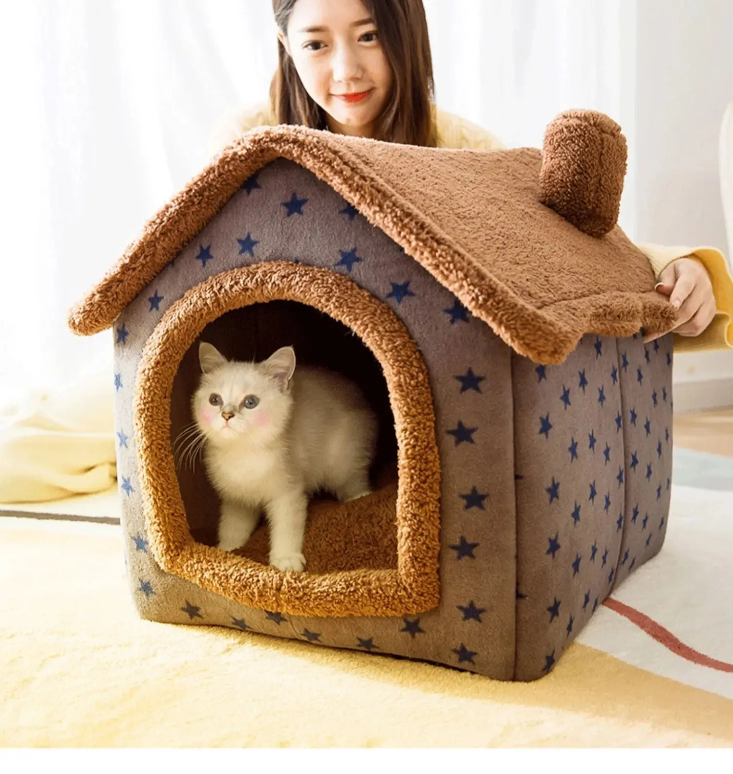 Cat Bed Sleep House Warm Cave Dog Kennel & Removable Cushion Pad Soft Indoor Enclosed Tent Huts Sofa for Pet Cats Kittens Puppy