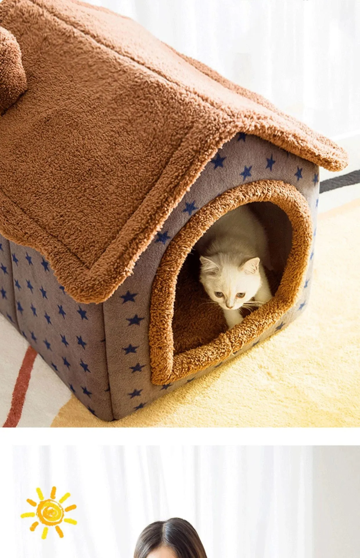 Cat Bed Sleep House Warm Cave Dog Kennel & Removable Cushion Pad Soft Indoor Enclosed Tent Huts Sofa for Pet Cats Kittens Puppy