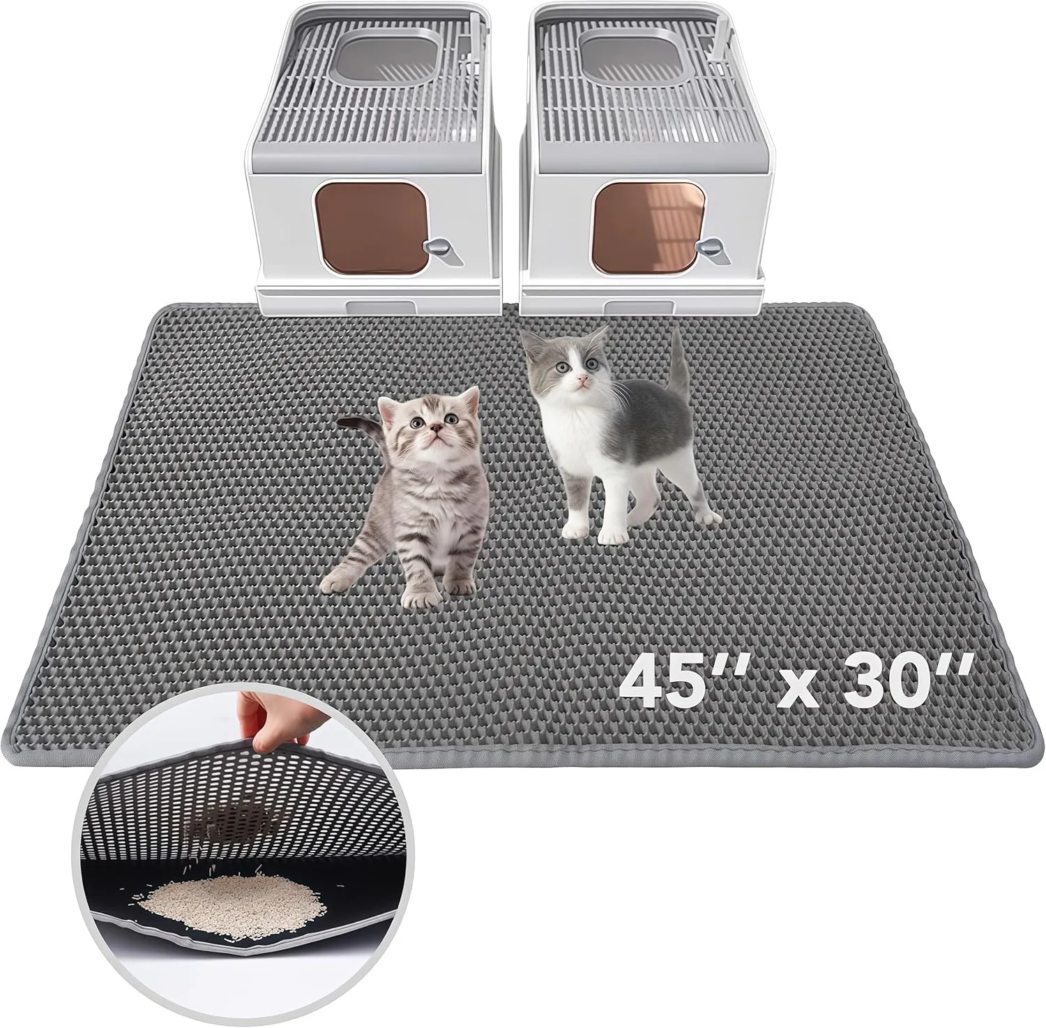 Cat Litter Mat, Large Kitty Litter Box Trapping Mat, 45x30'' Honeycomb Double Layer Urine & Waterproof, Washable Easy Clean, Litter Mats for Floor Less Waste, Anti-Slip (Grey, 45''x30'')