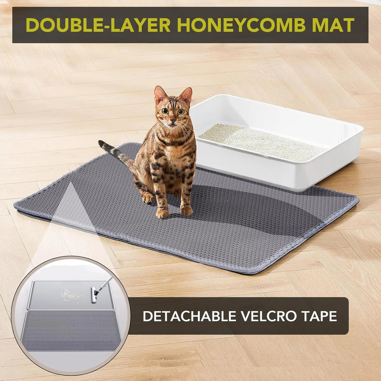 Cat Litter Mat, Large Kitty Litter Box Trapping Mat, 45x30'' Honeycomb Double Layer Urine & Waterproof, Washable Easy Clean, Litter Mats for Floor Less Waste, Anti-Slip (Grey, 45''x30'')