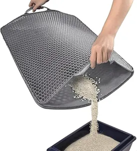 Cat Litter Mat with Handles, 30"x 24" Litter Trapping Mat, Double Layer Honeycomb Litter Box Mat, Waterproof Urine Proof Kitty Litter Mat,Easy Clean Scatter Control