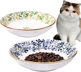 Ceramic Cat Plates Set of 2 Porcelain Dog Bowls for Wet Food Wide Bowl to Relieve Whisker Fatigue, Shallow Bowl for Kittens and Small Animals