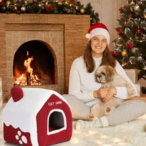Christmas Cat Bed Cave Nest House