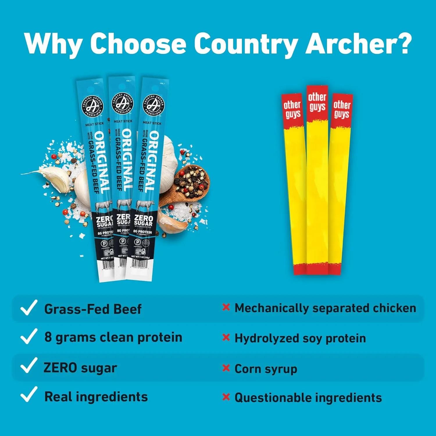 Country Archer Beef Jerky Sticks - Grass Fed Beef Sticks Individually Wrapped, Beef Sticks Bulk, Beef Jerky Snack Packs, Gluten Free, Paleo, Keto - 1 oz Meat Sticks (Pack of 18)