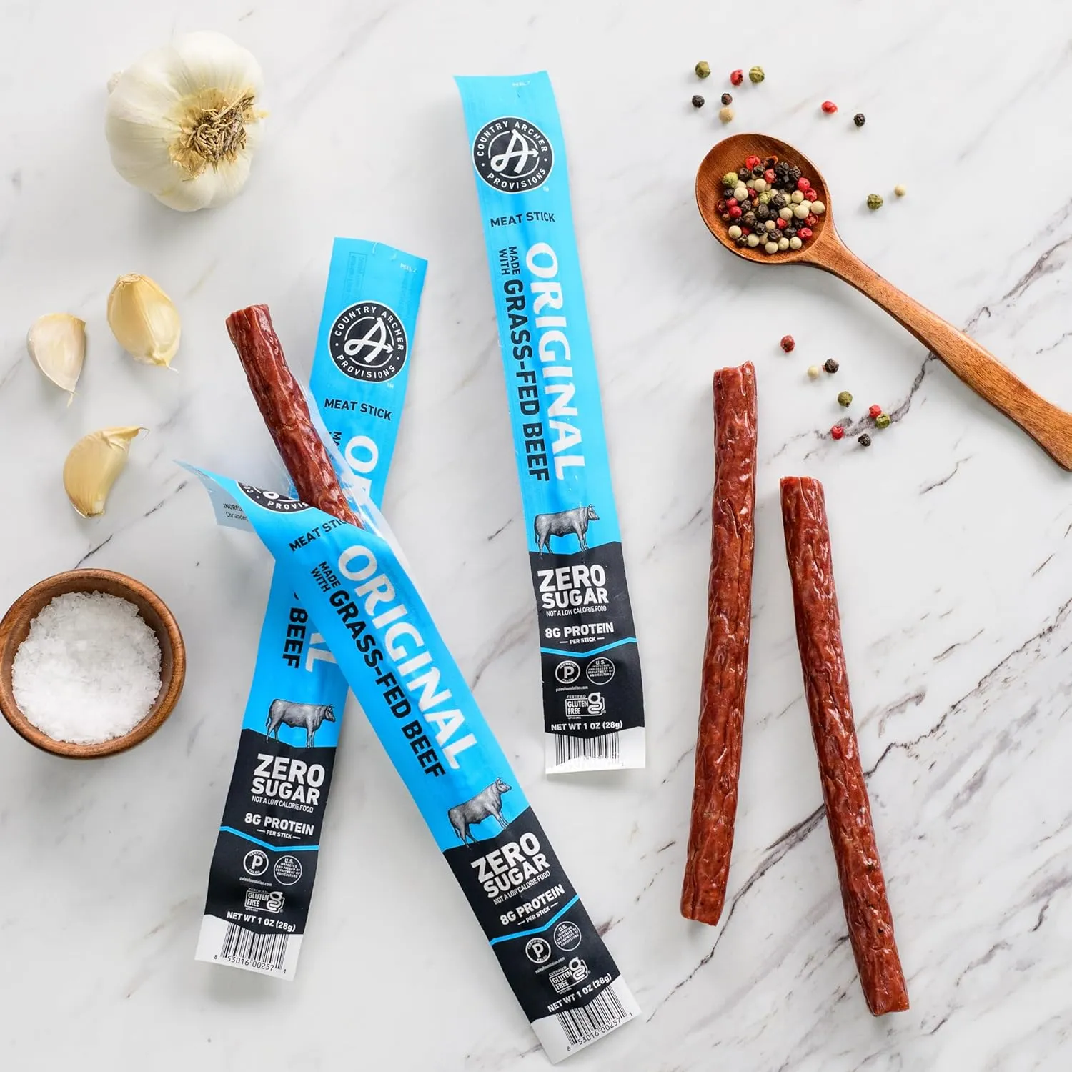 Country Archer Beef Jerky Sticks - Grass Fed Beef Sticks Individually Wrapped, Beef Sticks Bulk, Beef Jerky Snack Packs, Gluten Free, Paleo, Keto - 1 oz Meat Sticks (Pack of 18)