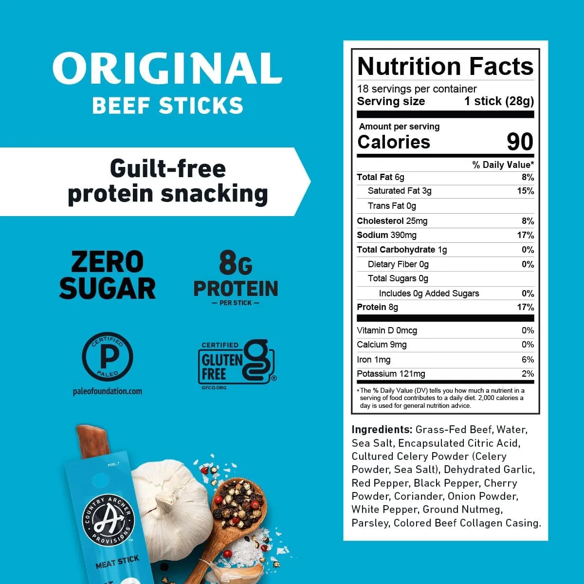 Country Archer Beef Jerky Sticks - Grass Fed Beef Sticks Individually Wrapped, Beef Sticks Bulk, Beef Jerky Snack Packs, Gluten Free, Paleo, Keto - 1 oz Meat Sticks (Pack of 18)
