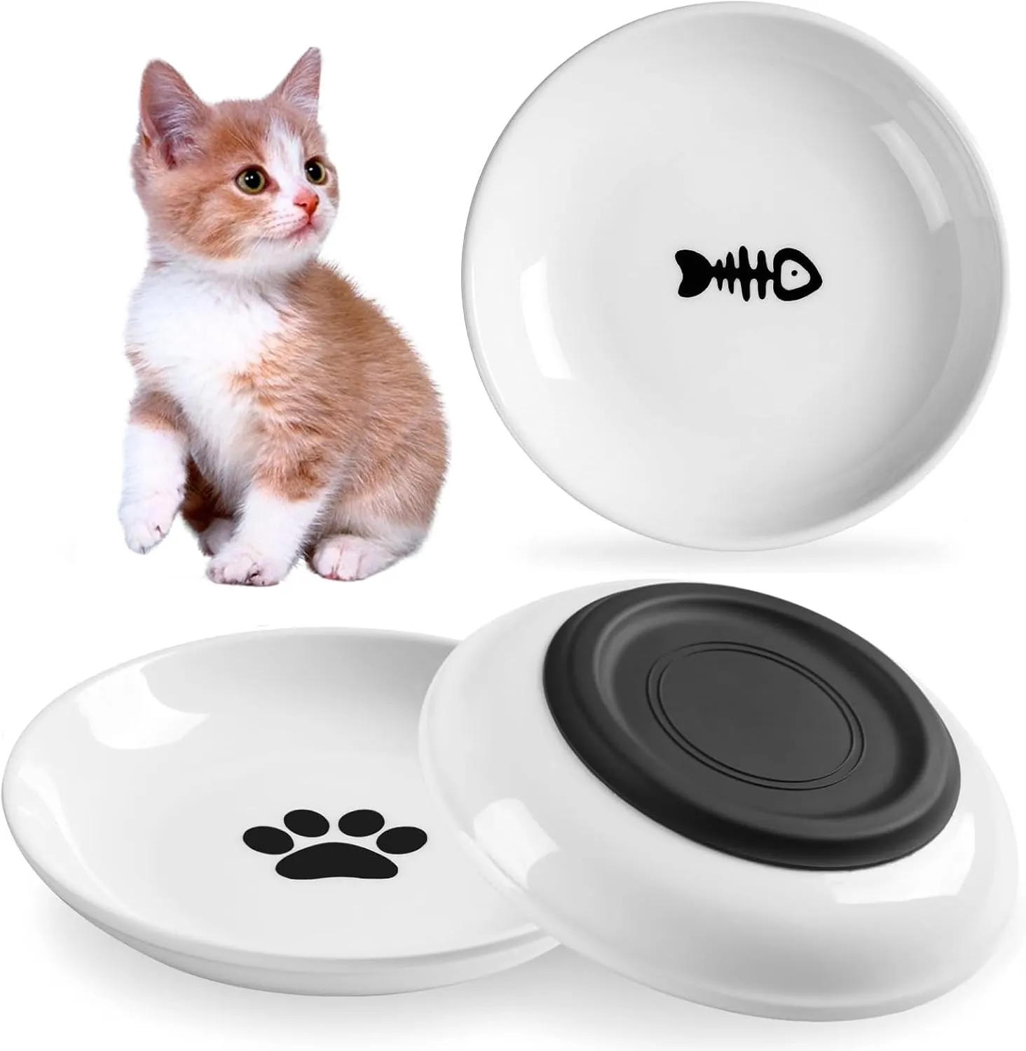 CSD Cat Food Bowl (3 Pack) - Ceramic Cat Bowls with Nonslip Silicone Bottom, Whisker Friendly, 200ml Capacity, White