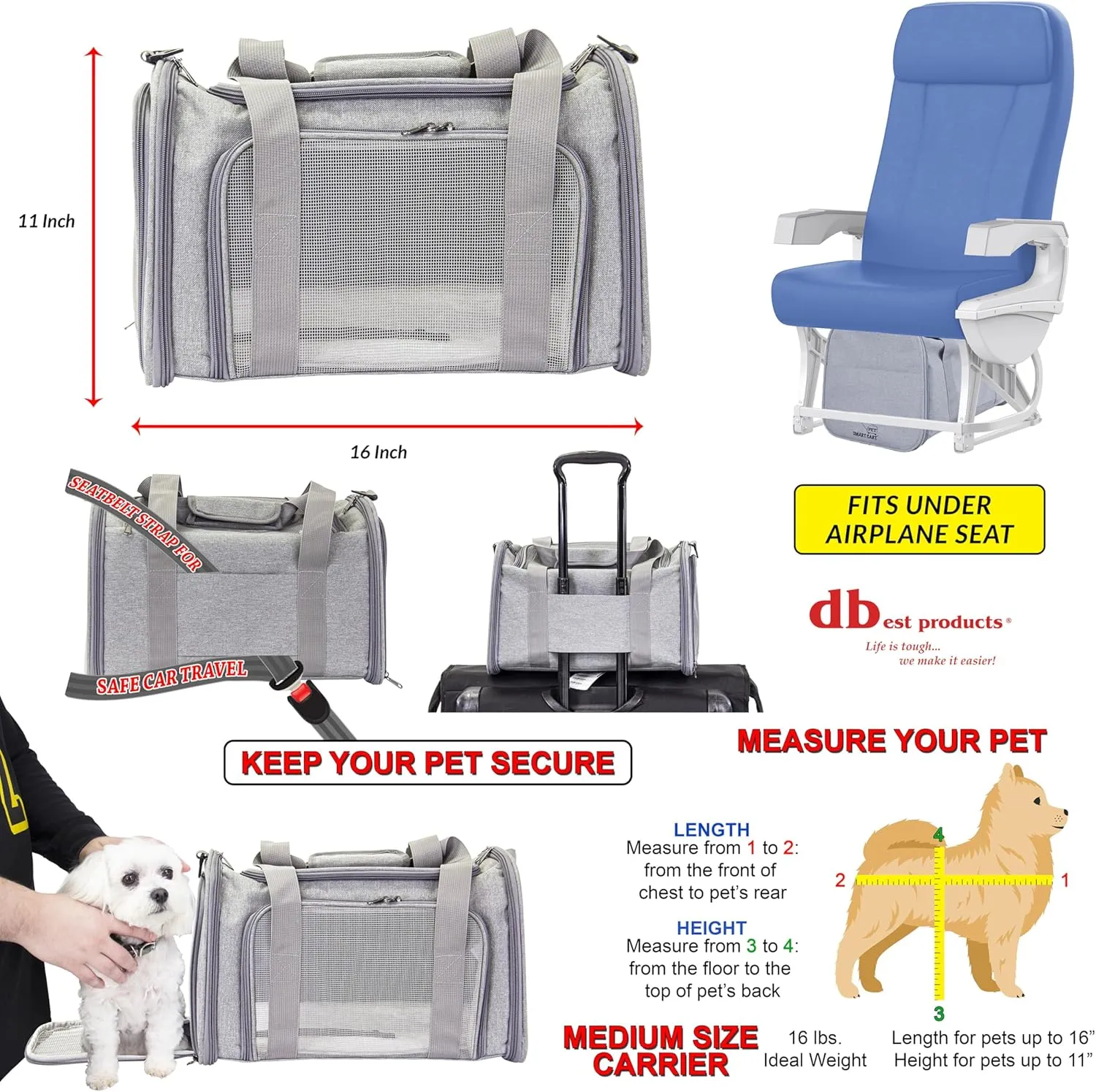 dbest products Pet Smart Cart Carrier Sport, Grey, Soft Sided Collapsible Folding Travel Bag, Dog Cat Airline Approved Tote Luggage Backpack