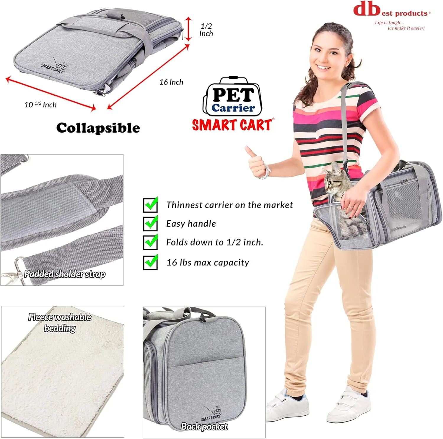 dbest products Pet Smart Cart Carrier Sport, Grey, Soft Sided Collapsible Folding Travel Bag, Dog Cat Airline Approved Tote Luggage Backpack