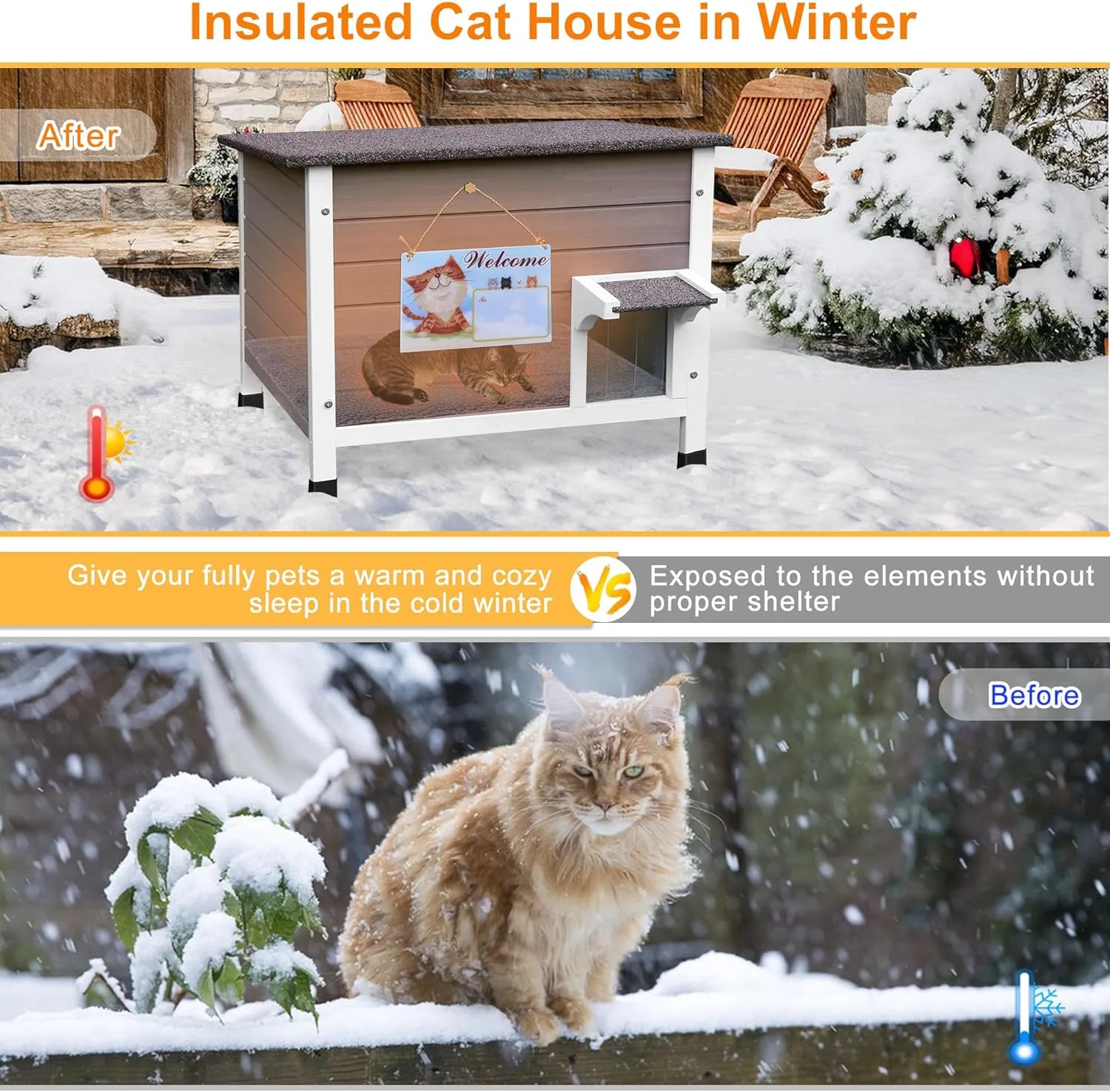 Deblue Ourdoor Cat House, 100% Insulated Cat Houses for Outdoor Cats, Weatherproof Feral cat House with All-Round Foam, Wooden Cat Shelter for Multiple Cats - (Insulated Cat House with Mat)