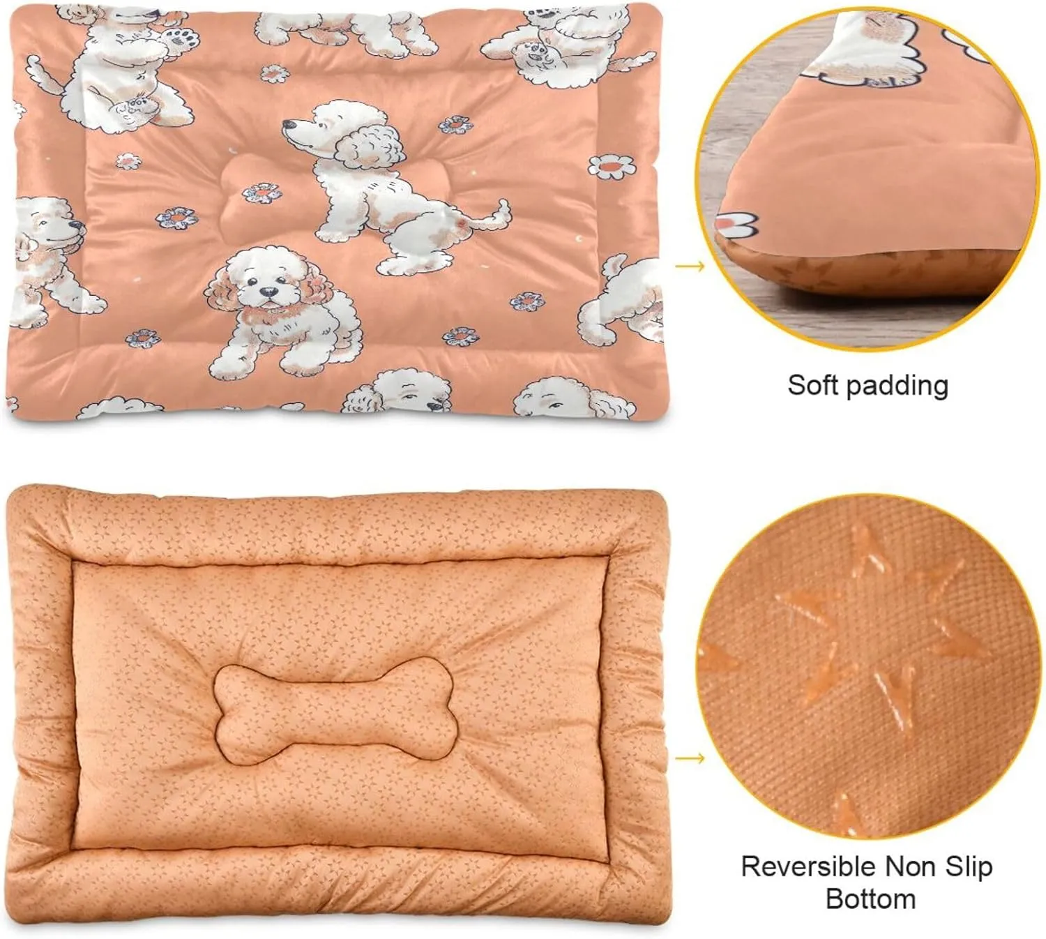 Dog Bed Mat No-Slip Self Warming Crate Mat Comfy & Thick Pet Sleeping Mat Machine Washable Kennel Pad Dog Bed for for Medium Small Dogs, 18" x 24", Cute White Dog